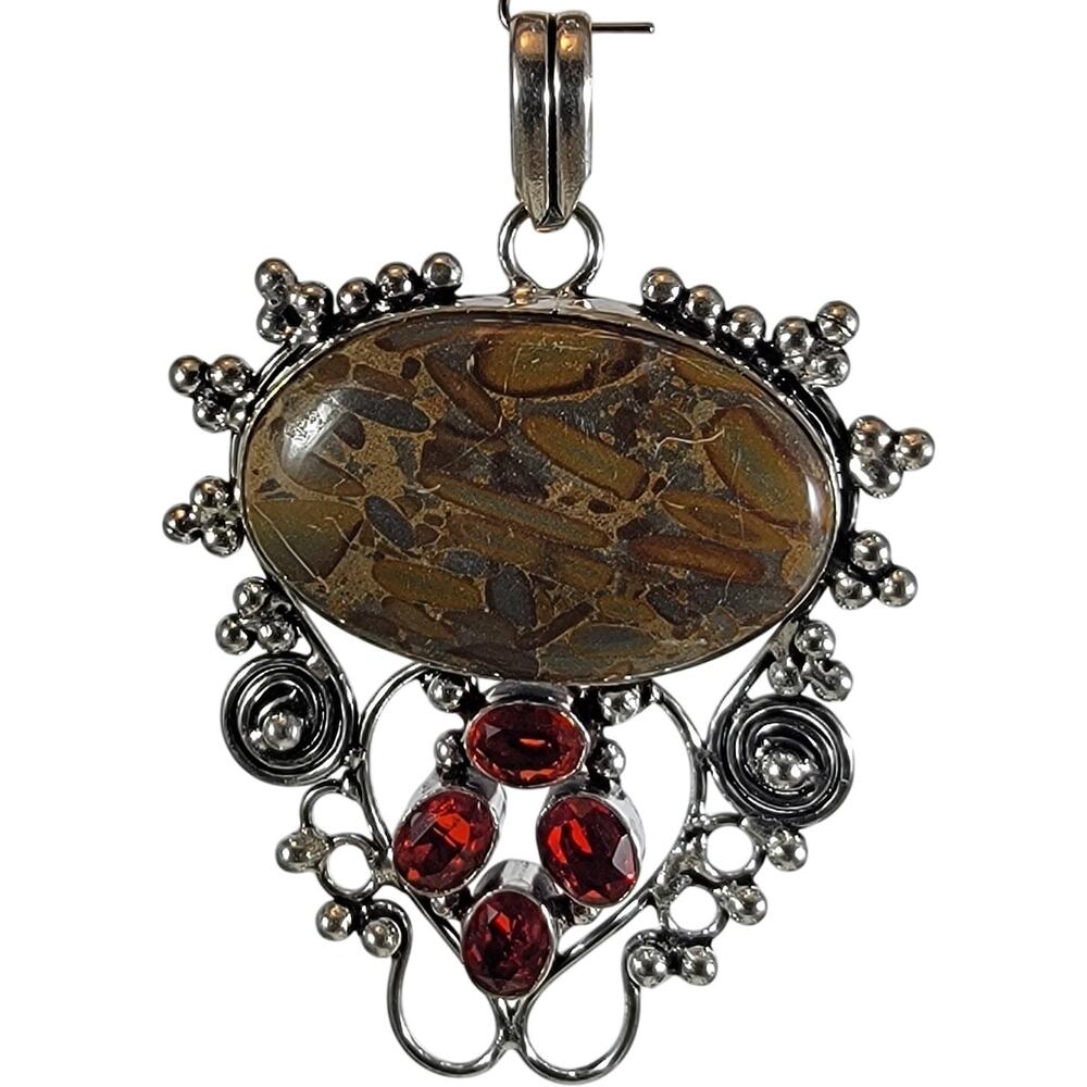 Handmade Silver Pendant With Fossil Coral Gemstone & Faceted Red Garnet Accent